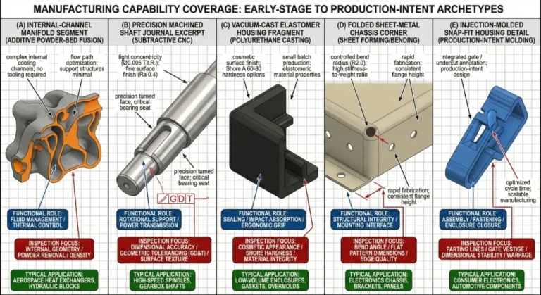 Rapid prototyping capability comparison showing additive manufacturing, CNC machining, vacuum casting, sheet metal forming, and injection molding use cases