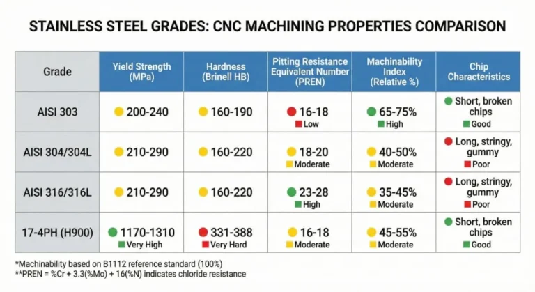 Data matrix comparing machinability, hardness, and corrosion resistance for wholesale stainless steel CNC machining services (303, 304, 316, 17-4PH)