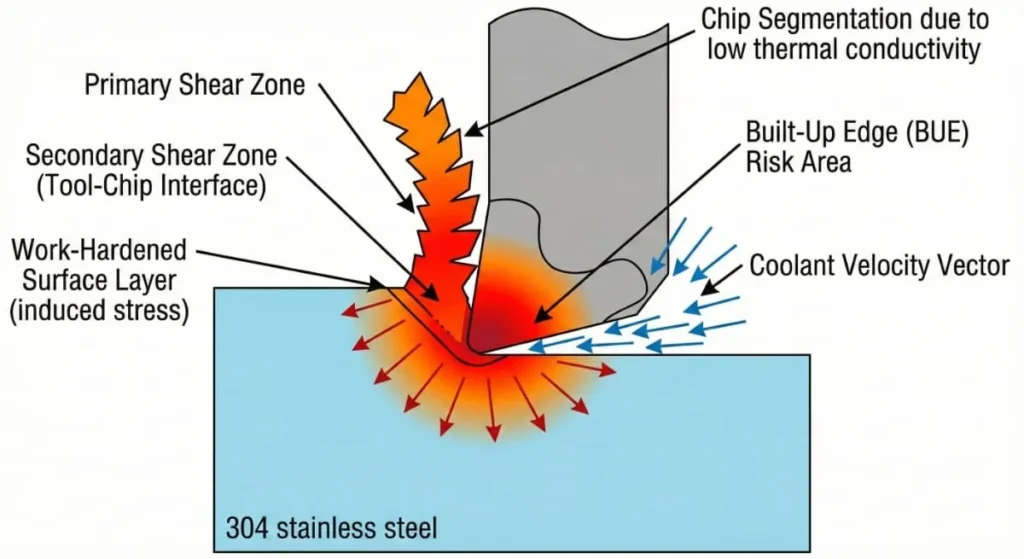 Engineering cross-section showing thermal dynamics and chip formation during stainless steel CNC machining services, highlighting high-pressure coolant effects.