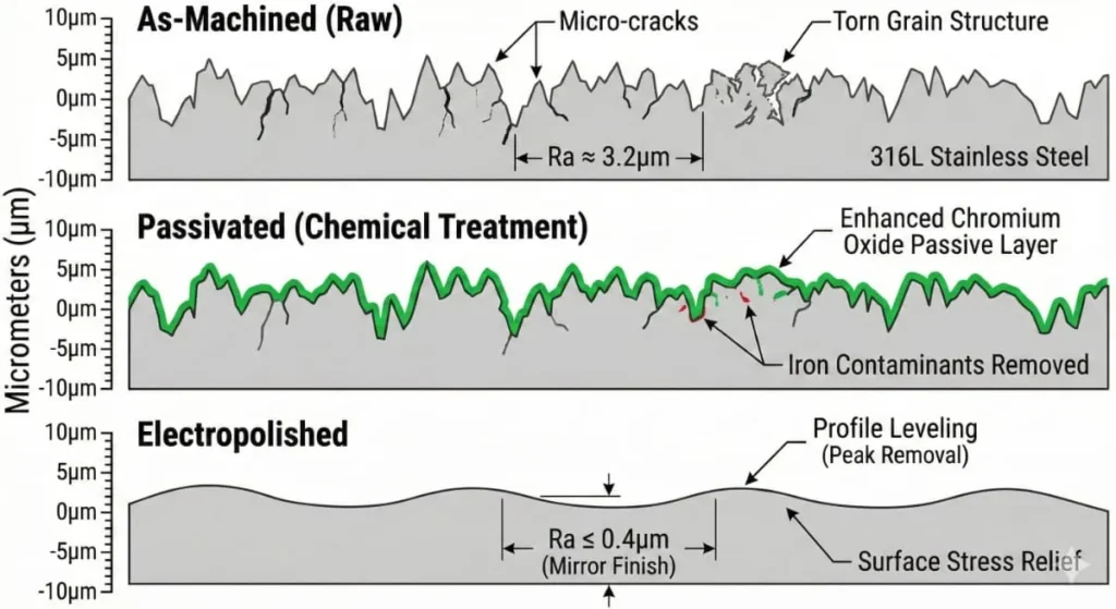 Microscopic comparison of surface roughness (Ra) between raw and electropolished finishes in custom stainless steel CNC machining.