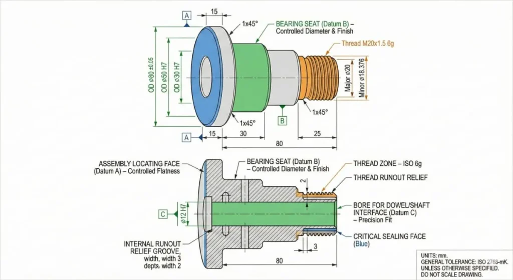 Isometric and sectional anatomy diagram with datums, critical surfaces and dimension callouts for a turned component