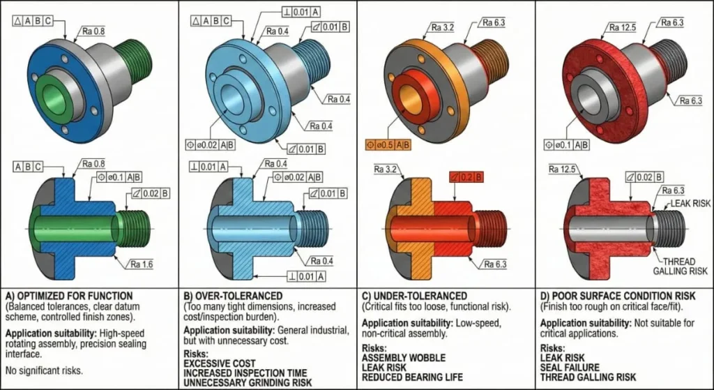 Side-by-side engineering outcomes comparing balanced tolerances, over-tolerancing, under-tolerancing, and surface finish risk