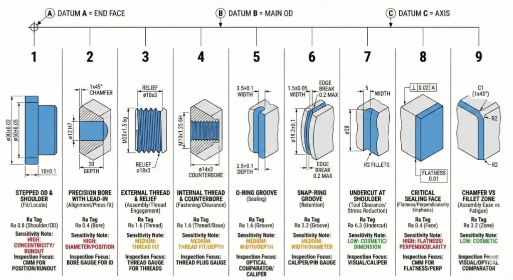 Feature coverage diagram of turning capabilities: shoulders, precision bores, threads, reliefs, grooves, and finish-critical faces