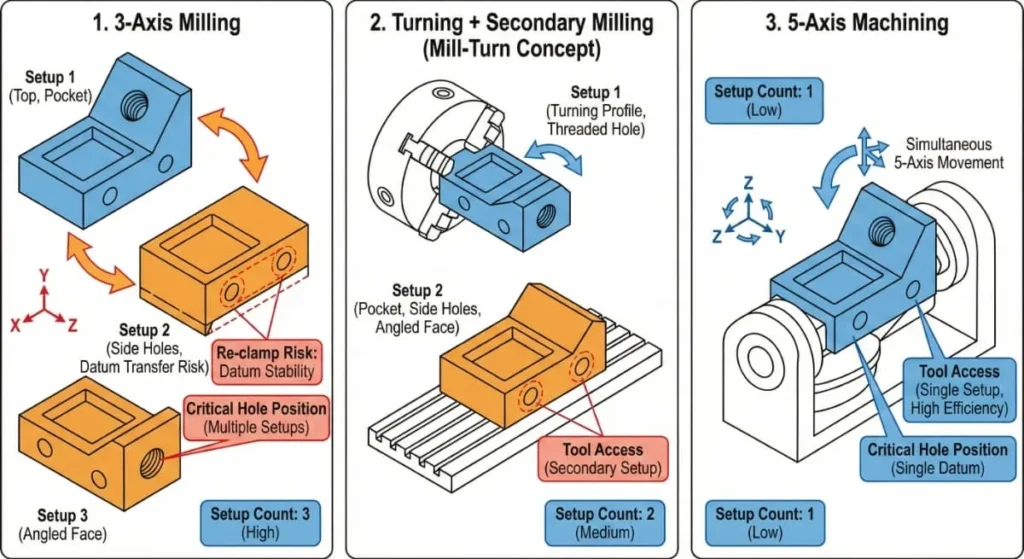 Diagram comparing 3-axis milling, turning with secondary ops, and 5-axis machining by setup count, datum stability, and re-clamp risk