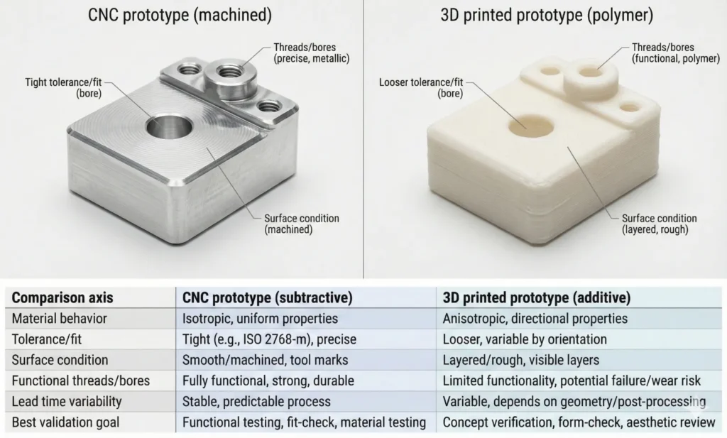 CNC machining vs 3D printing prototype comparison for tolerance, surface condition, threads/bores, and validation goals