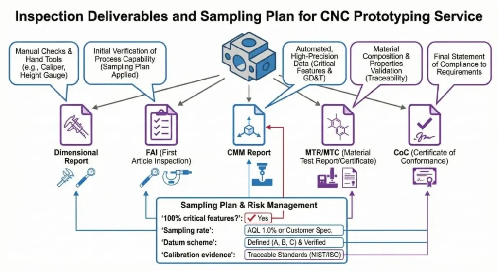 Inspection deliverables flow showing dimensional report, FAI, CMM report, MTR/MTC, and CoC with sampling-plan checklist