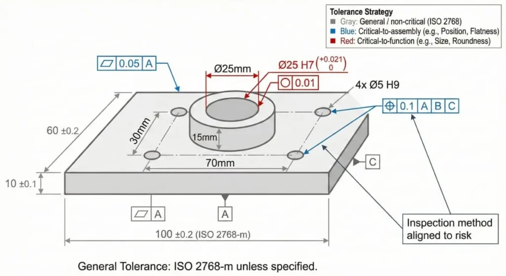 Tolerance-tier illustration using ISO 2768 for non-critical features and GD&T on critical assembly and function features with datums A/B/C