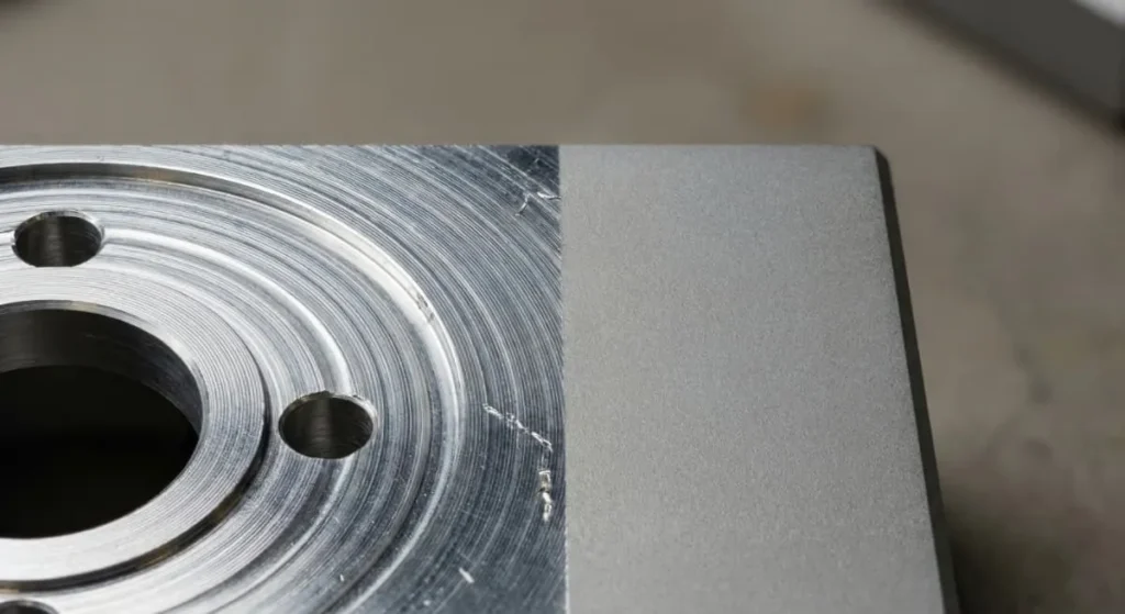 Macro comparison of as-machined tool marks and bead-blasted matte finish on a prototype mating surface