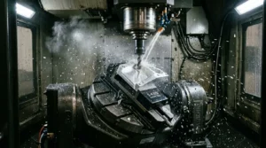 5-axis CNC trunnion table milling aluminum aerospace bracket with short carbide end mill