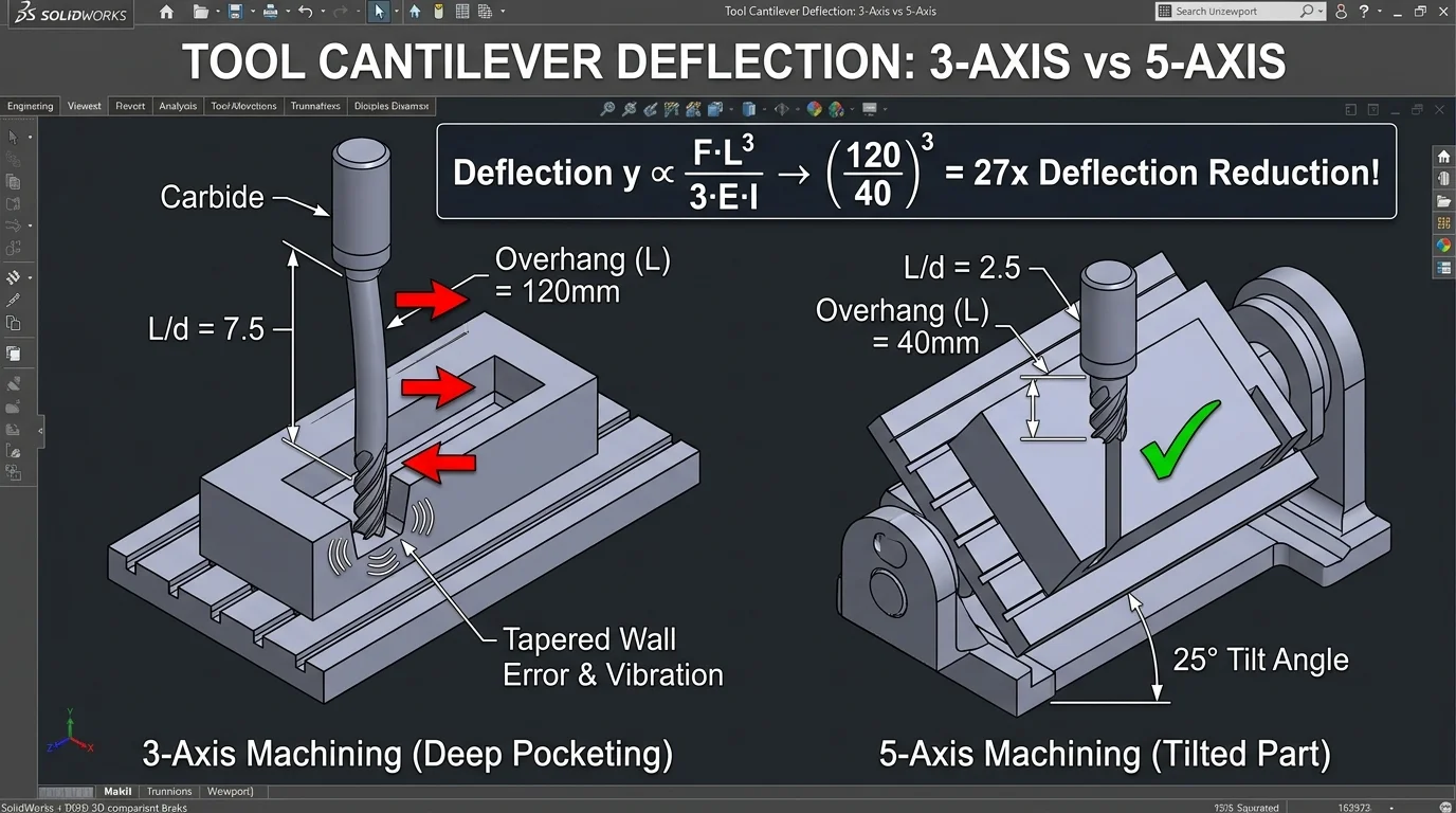 CAD engineering diagram comparing tool deflection in 3-axis deep milling versus 5-axis tilted milling