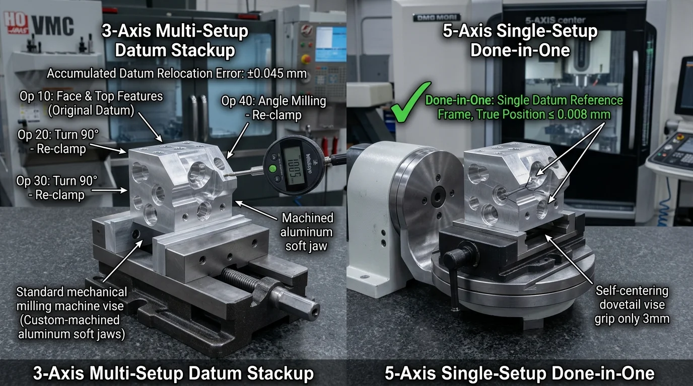 Physical workholding comparison showing 3-axis multi-setup datum relocation stackup versus 5-axis single-setup done-in-one dovetail clamping on aluminum manifold
