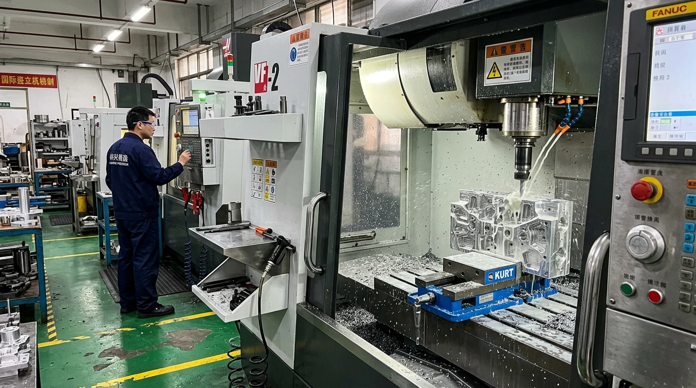5-axis CNC machining center milling an aluminum automotive air suspension valve body with flood coolant and ±0.005mm tolerance