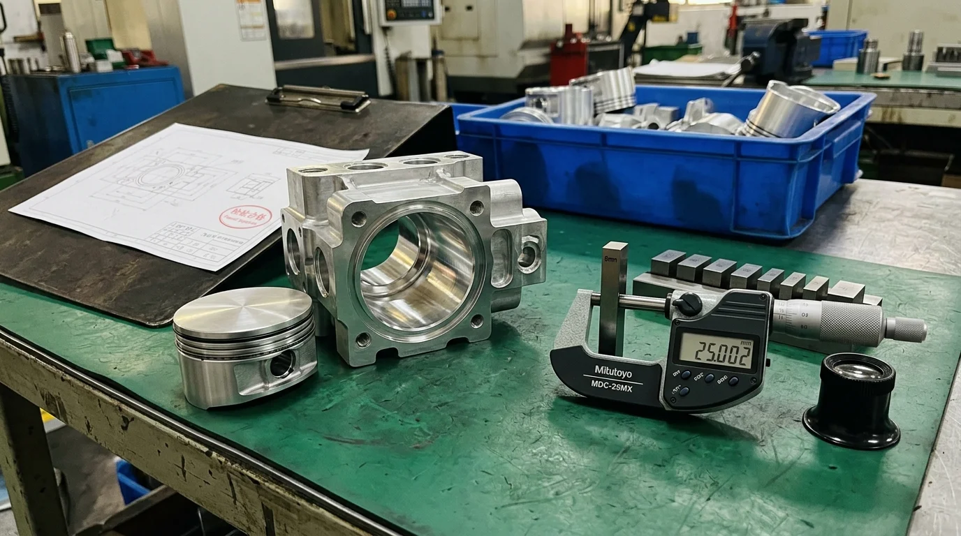 Bench comparison of CNC machined aluminum air suspension valve block with diamond burnished internal bore and digital micrometer