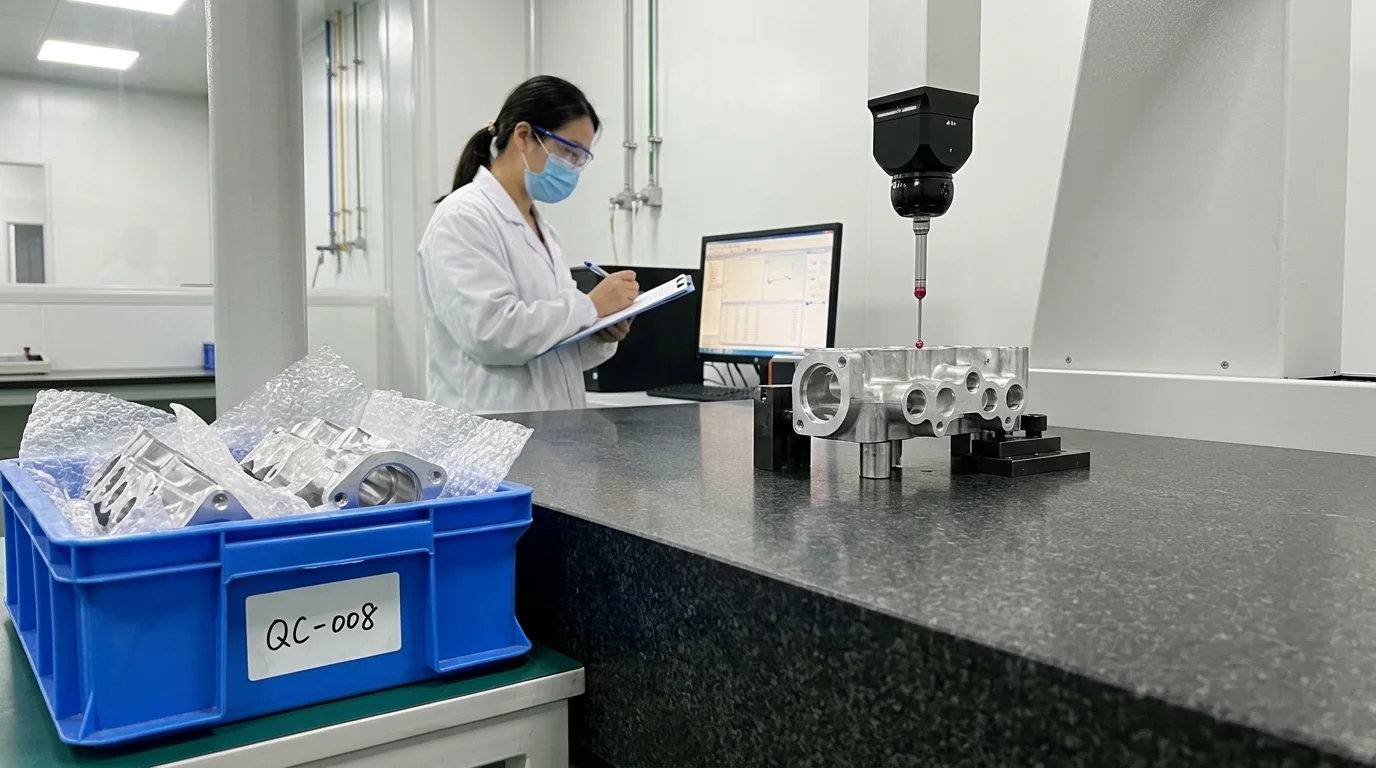 Zeiss CMM coordinate measuring machine inspecting complex automotive fluid transmission manifold with ±0.005mm tolerance