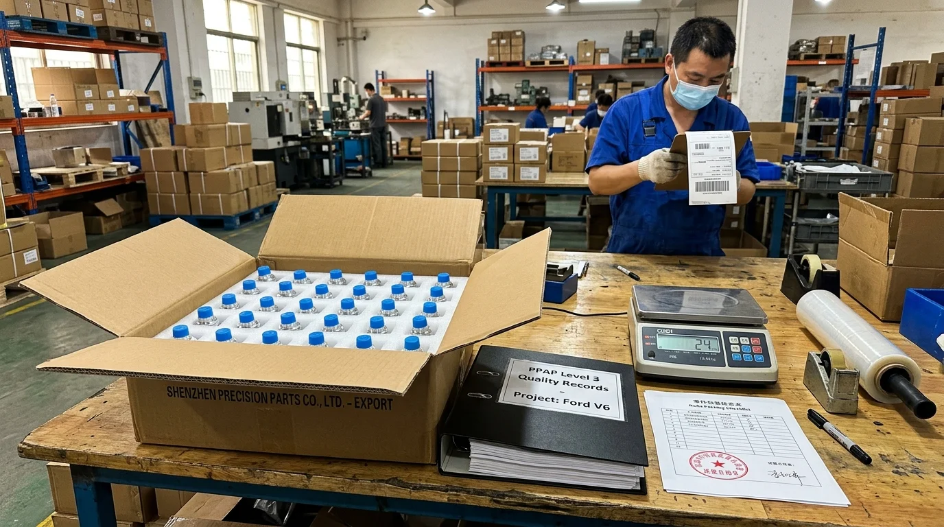 Automotive export packaging inspection showing custom foam trays with machined parts and PPAP Level 3 documentation folder