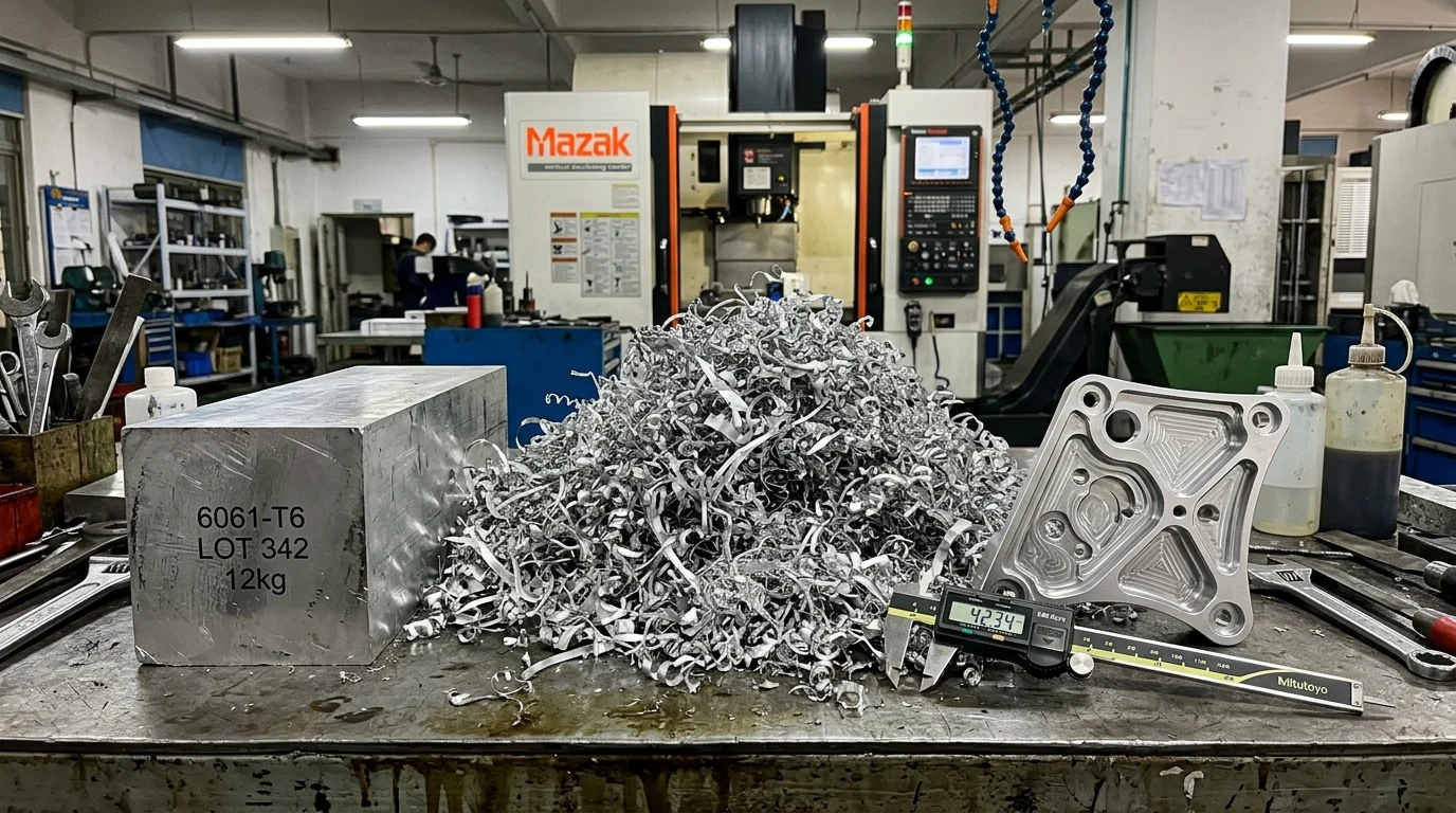 CNC Machining Cost: 2026 Hourly Rates, Pricing Breakdown & Proven DFM Savings 1 6061 aluminum billet block compared with machined CNC bracket and metal chips demonstrating material cost