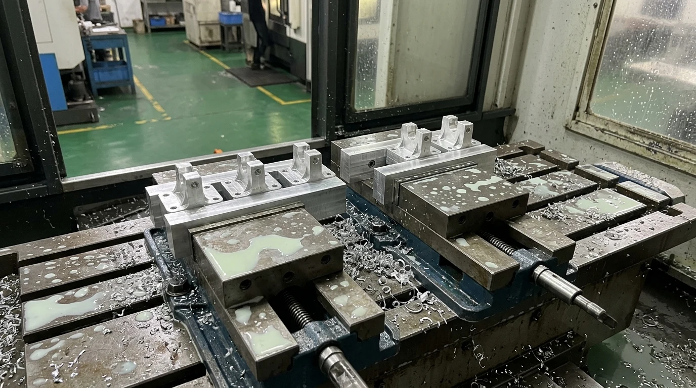 CNC Machining Cost: 2026 Hourly Rates, Pricing Breakdown & Proven DFM Savings 2 Modular machine vise workholding holding batch of aluminum brackets on CNC mill bed