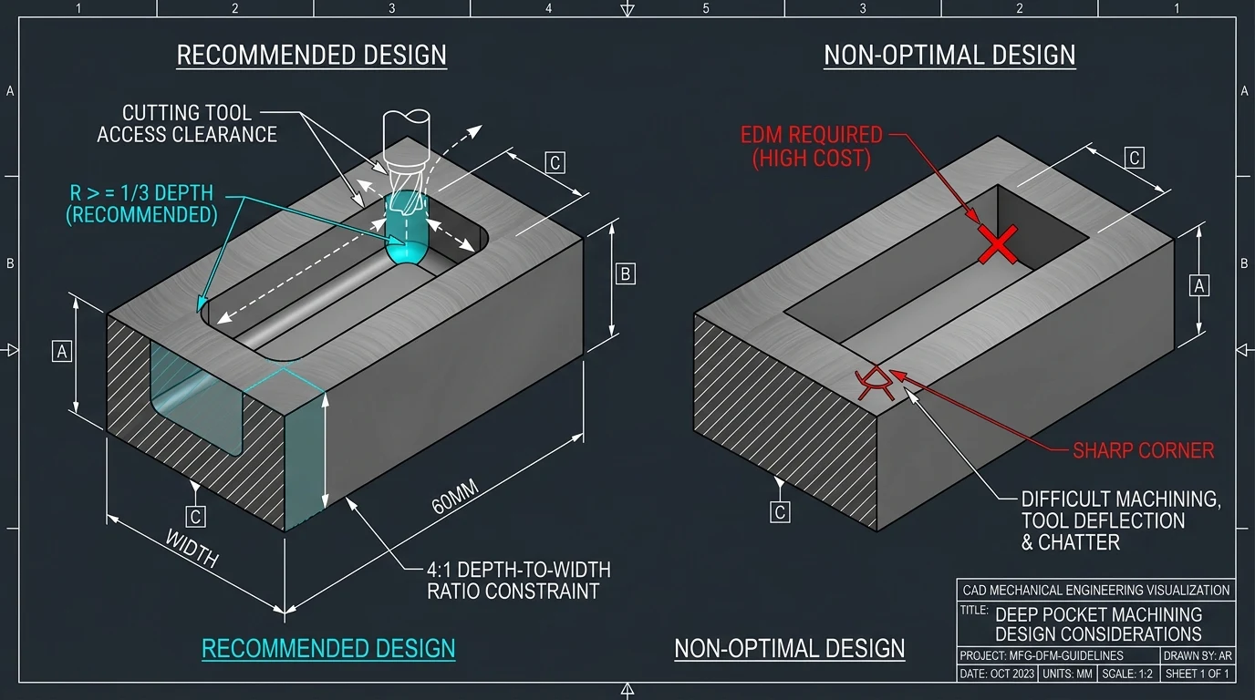 CNC Machining Cost: 2026 Hourly Rates, Pricing Breakdown & Proven DFM Savings 3 CAD engineering diagram comparing recommended internal corner radius with high cost sharp corner requiring EDM