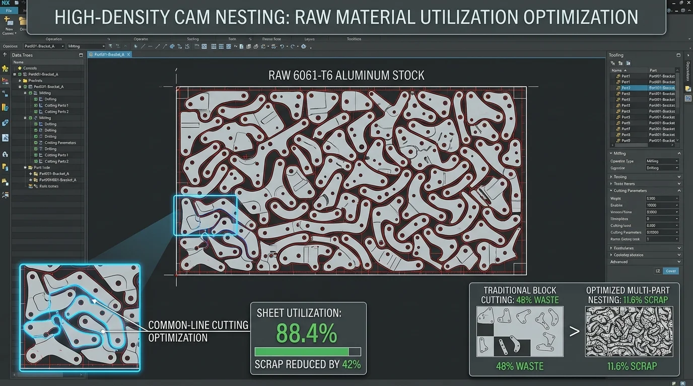 CNC Machining Cost: 2026 Hourly Rates, Pricing Breakdown & Proven DFM Savings 4 CAM nesting software interface showing optimized multi-part layout on 6061-T6 aluminum plate reducing scrap waste by 42 percent