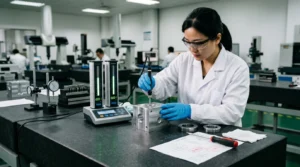 Air gaging pneumatic plug probe measuring automotive aluminum valve block bore roundness and sub-micron tolerance in 20 degree C metrology laboratory
