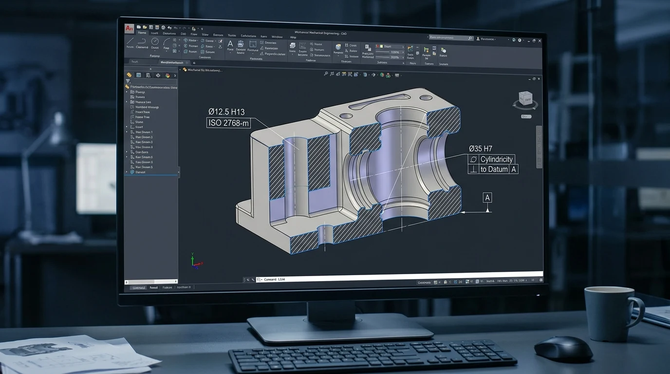 CAD engineering drawing comparing ISO 2768 standard clearance hole with tight H7 bearing bore tolerance