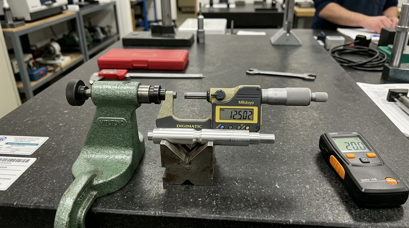 Digital micrometer and calibrated thermometer measuring aluminum shaft thermal expansion on granite plate