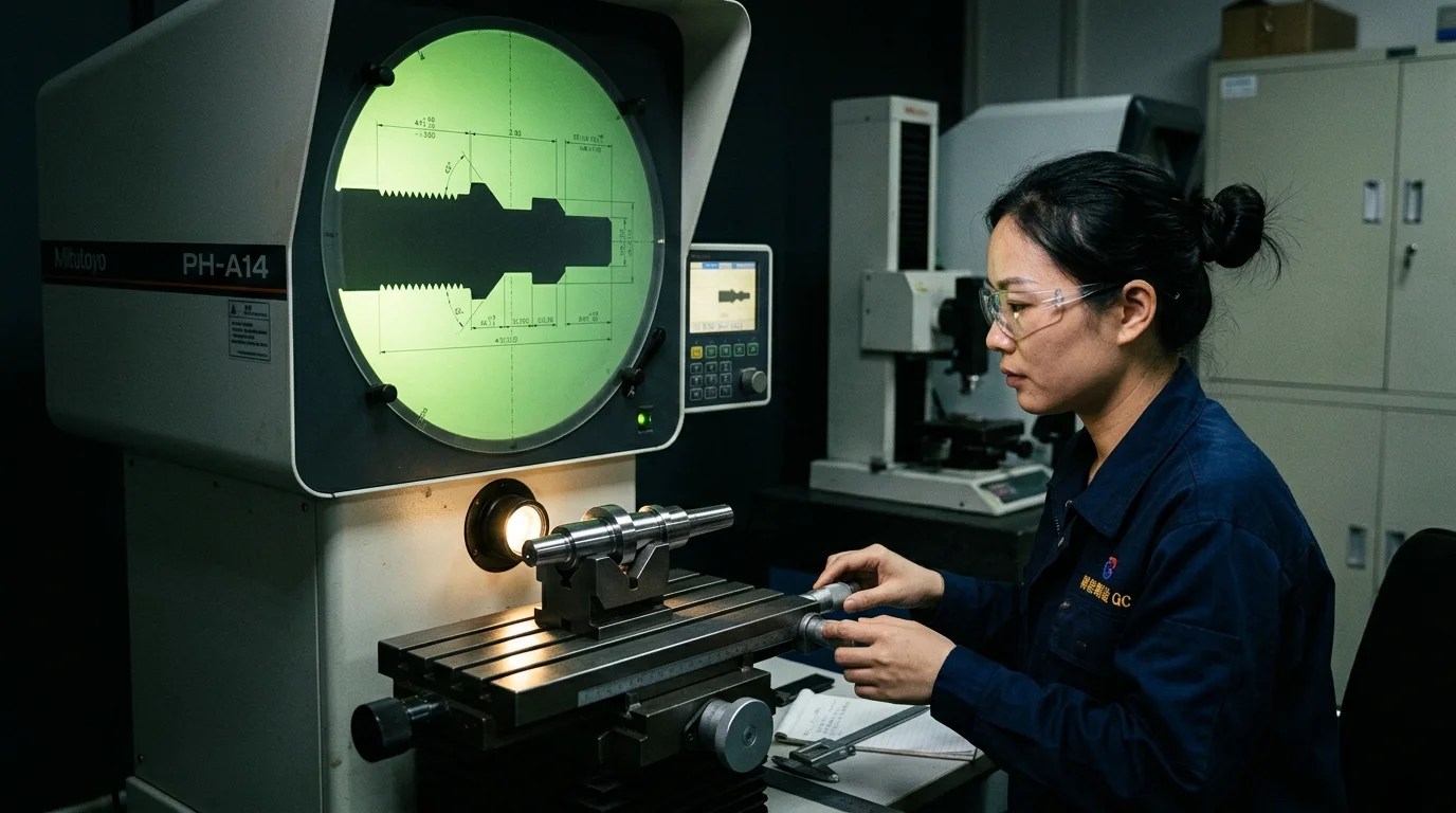 Mitutoyo optical comparator shadowgraph screen projecting magnified stepped shaft contour against precision tolerance overlay lines