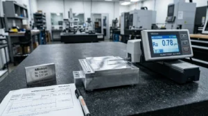 Mitutoyo digital profilometer measuring surface roughness Ra on CNC machined aluminum block