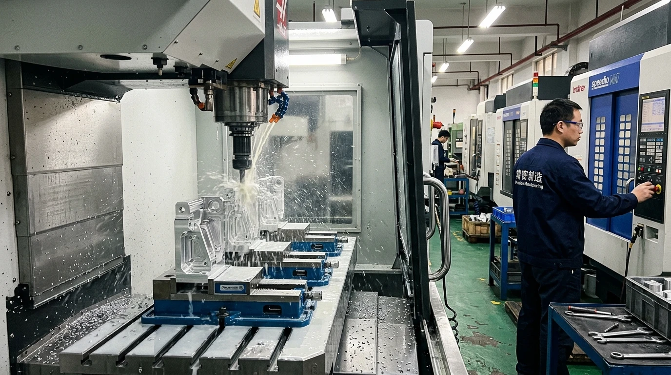 CNC milling production cell machining batch of aluminum brackets with ±0.005mm tolerance