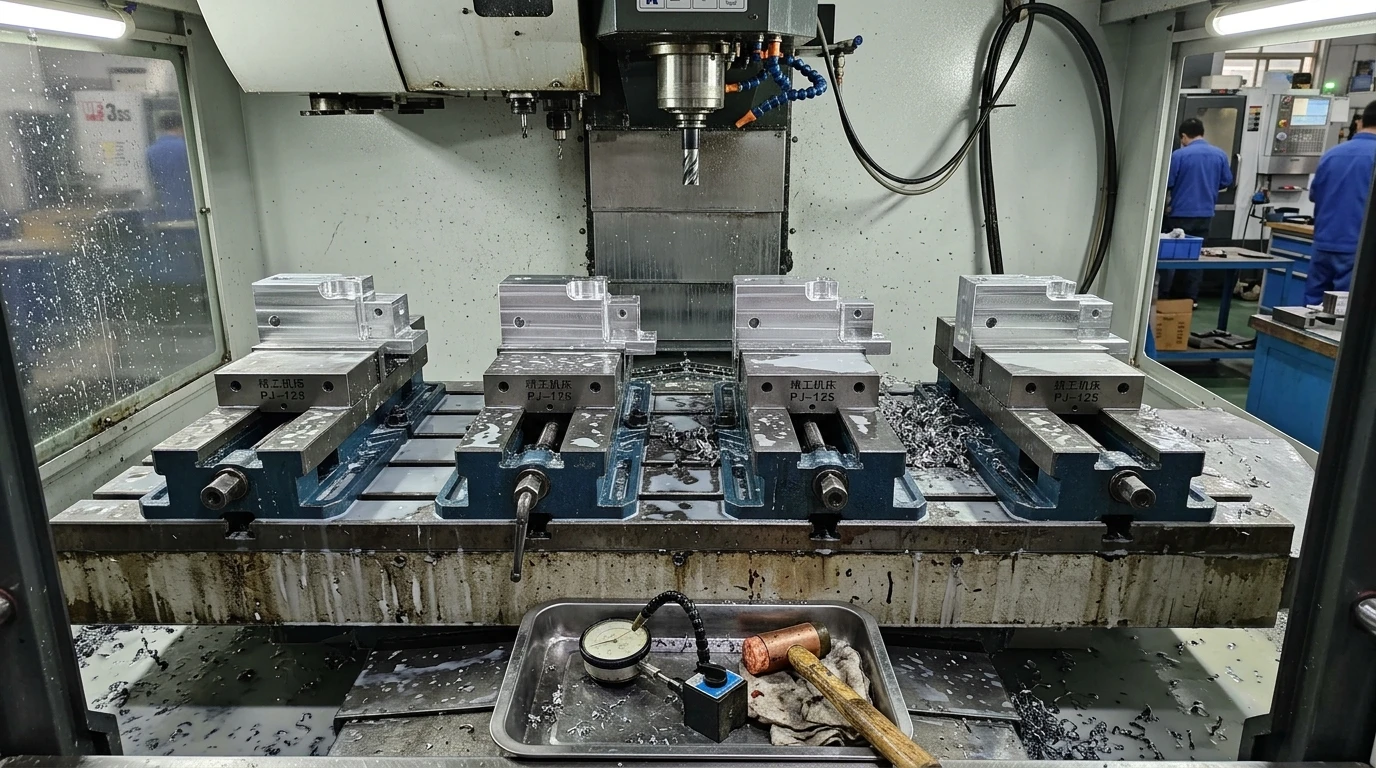 Modular multi-station machine vises holding batch aluminum billets with ±0.005mm precision