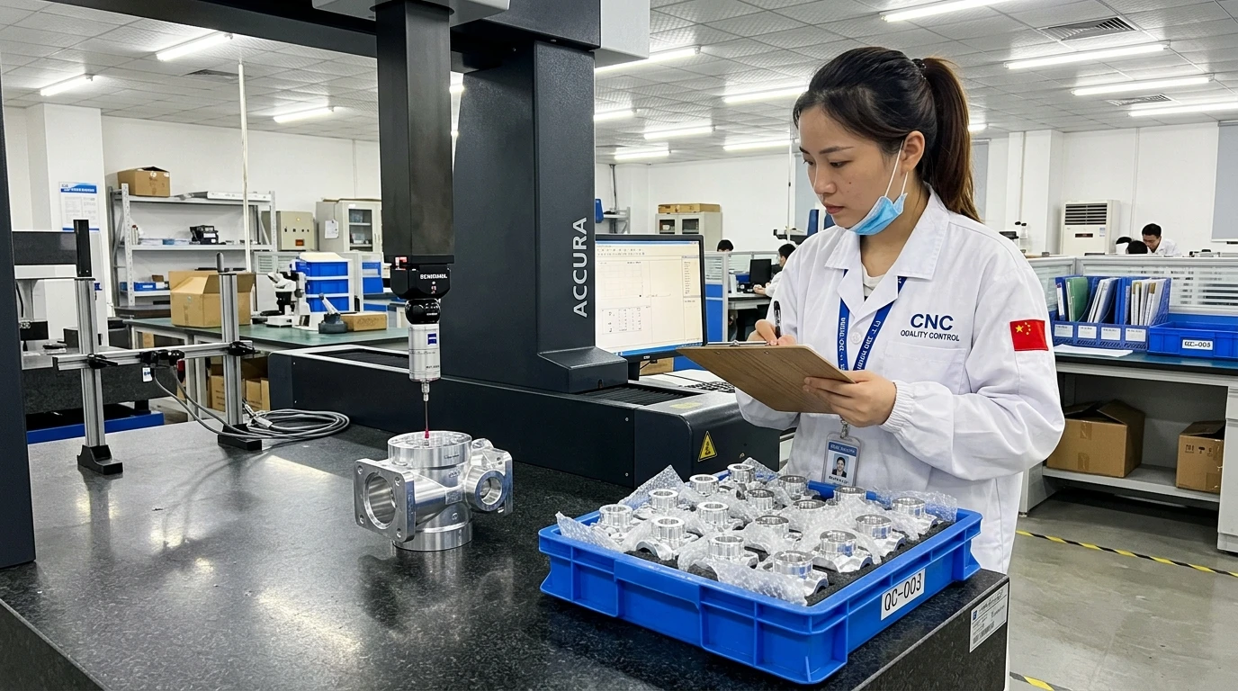 Zeiss CMM coordinate measuring machine inspecting batch of machined valve bodies with ±0.005mm tolerance