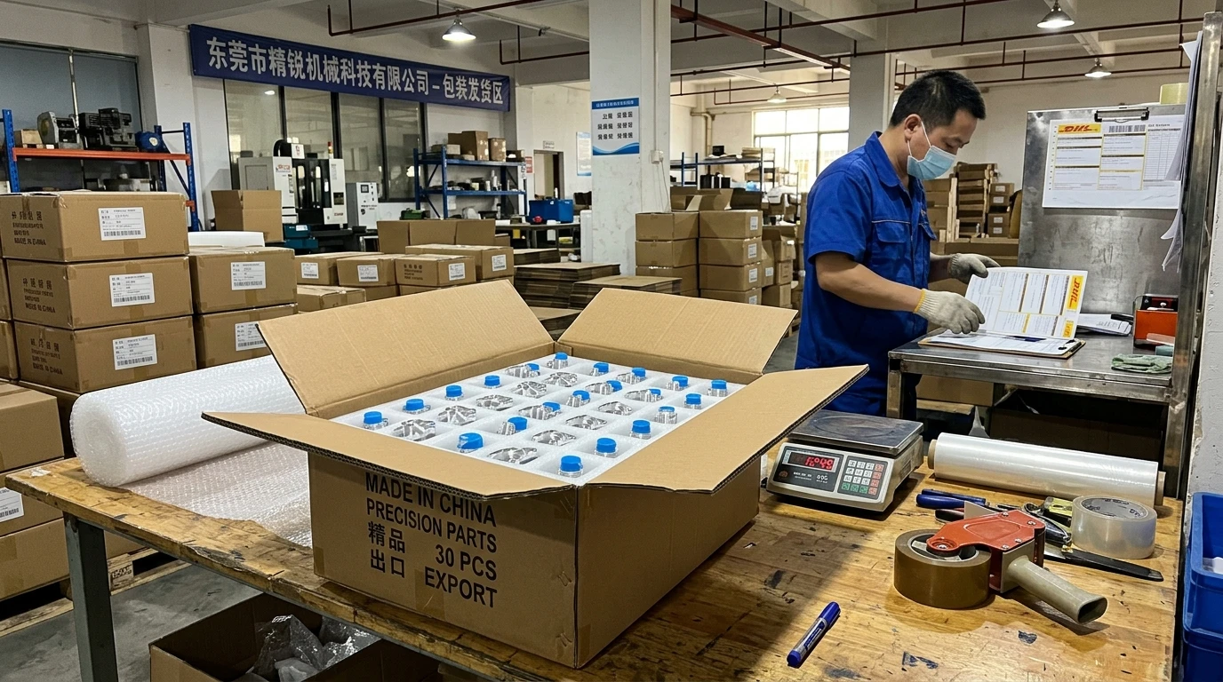 Small-batch precision CNC machined parts packaged in custom foam trays for international export