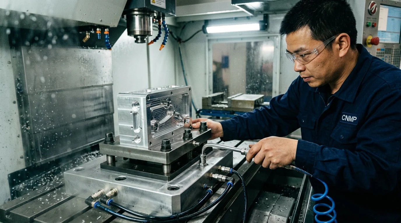 Pneumatic zero-point quick-change clamping plate securing aluminum prototype on CNC machine table