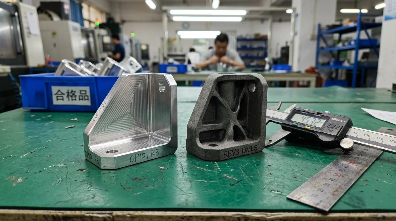 Bench comparison of CNC machined aluminum prototype versus DMLS 3D printed metal part with ±0.005mm tolerance