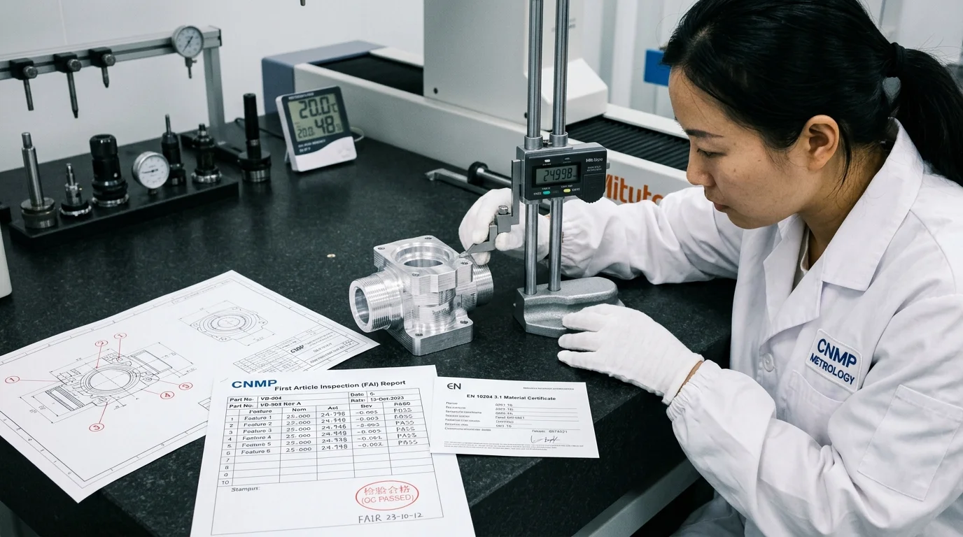 First Article Inspection FAI verifying aluminum prototype against ballooned 2D engineering drawing