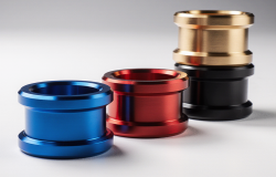 CNC-machined aluminum parts with colorful anodized finishes in blue, red, gold, and black CNC-machined aluminum parts with colorful anodized finishes in blue, red, gold, and black